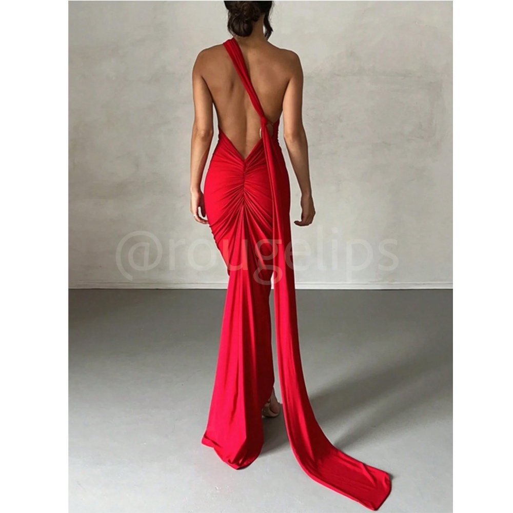 Red Maxi Long Sheath Dress One Shoulder Long Strap Ruched Back - Picture 1 of 5